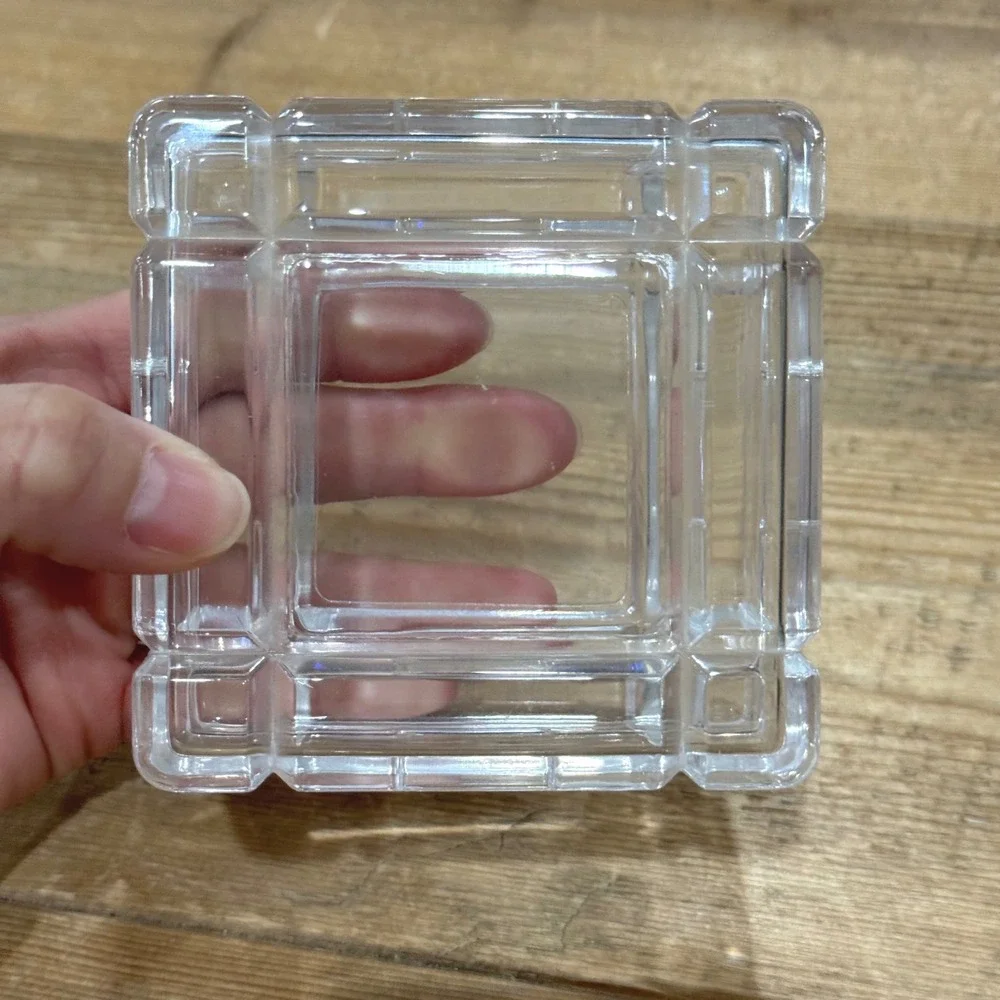 Clear Crystal Square Trinket Box Architectural Jewelry Case 1991 Kusak Engravers